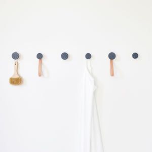 Round Beech Wood & Ceramic Wall Mounted Coat Hook / Hanger with Leather Strap - Blue Black Specks