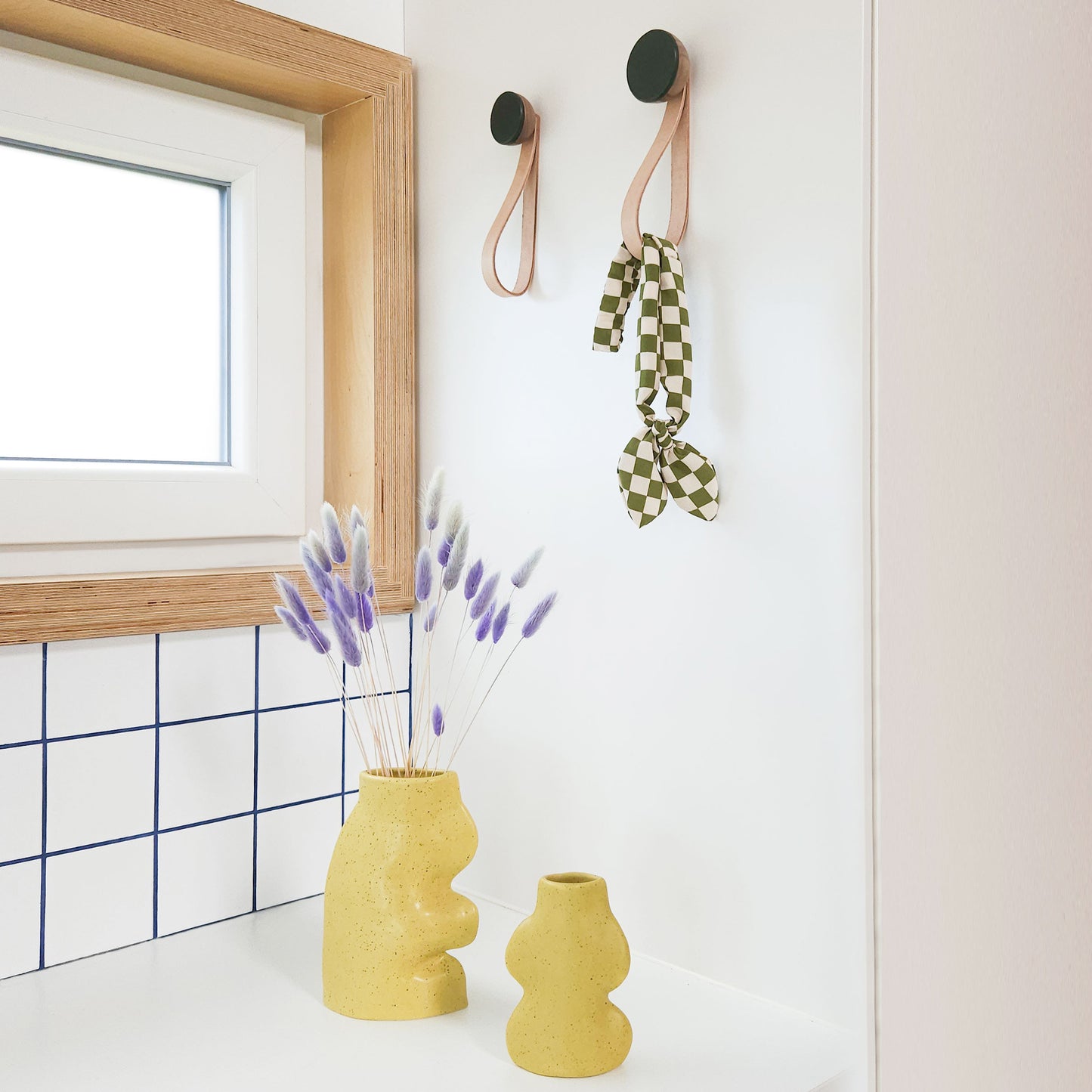 Round Walnut Wood & Ceramic Wall Mounted Coat Hook / Hanger with Leather Strap - Dark Green