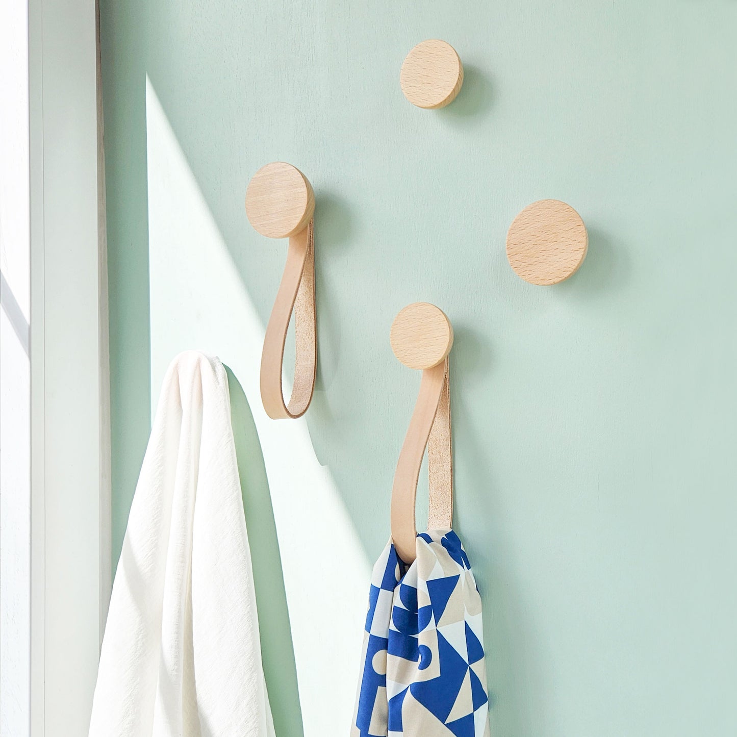 Round Beech Wood Wall Mounted Coat Hook / Hanger with Leather Strap