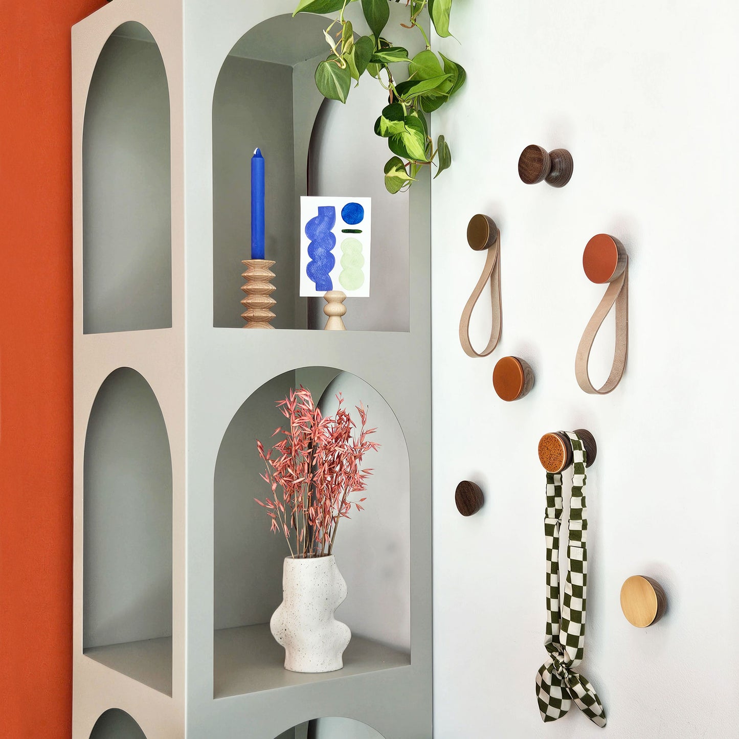 Round Walnut Wood & Copper Wall Mounted Hook / Hanger with Leather Strap