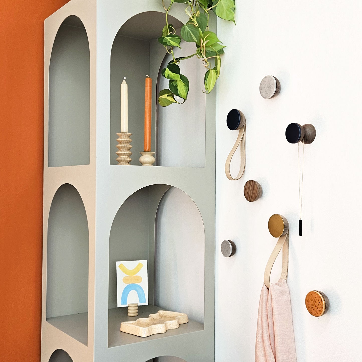 Round Walnut Wood & Brass Wall Mounted Hook / Hanger with Leather Strap