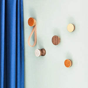 Round Walnut Wood & Brass Wall Mounted Coat Hook / Knob