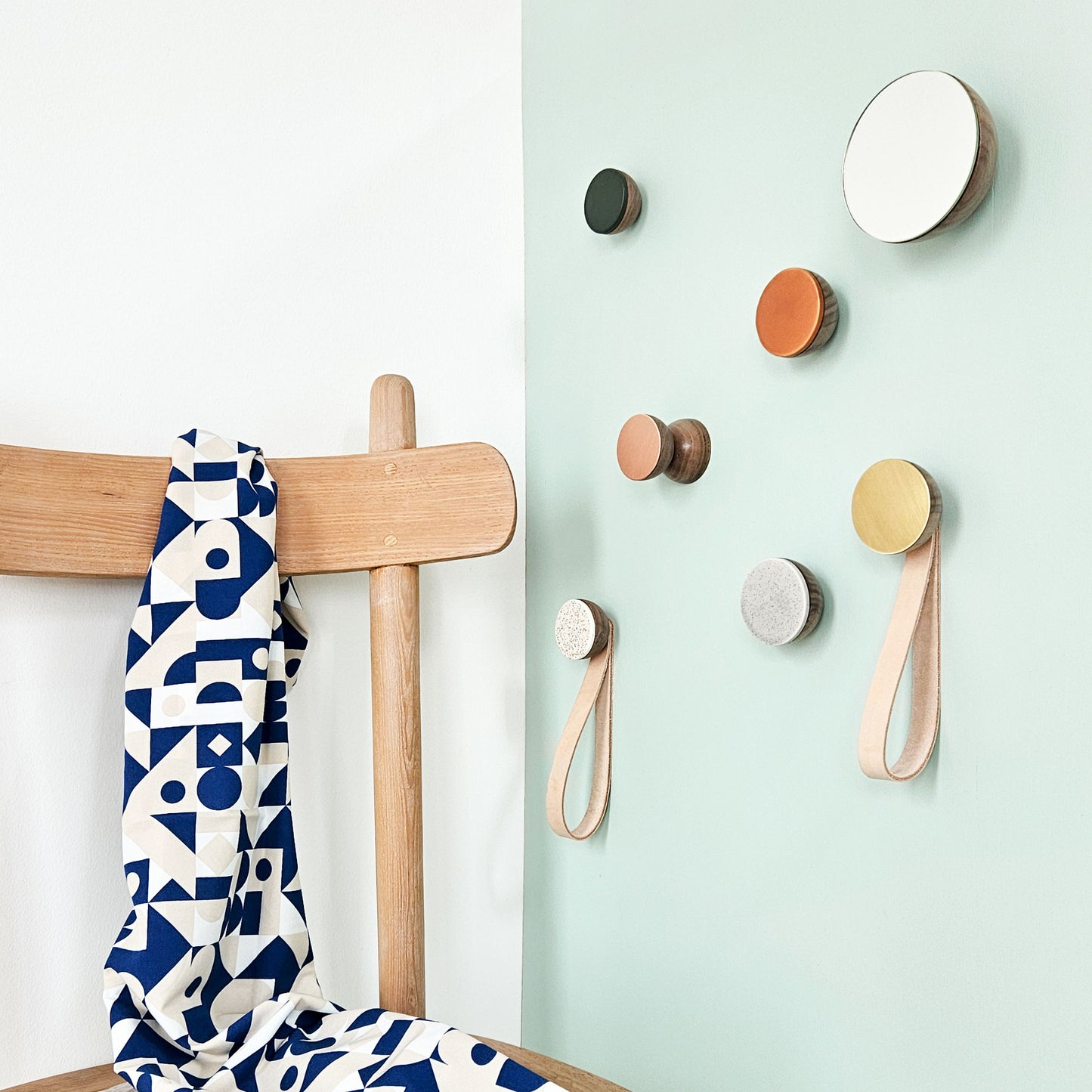 Round Walnut Wood & Ceramic Wall Mounted Coat Hook / Hanger with Leather Strap - Speckled White