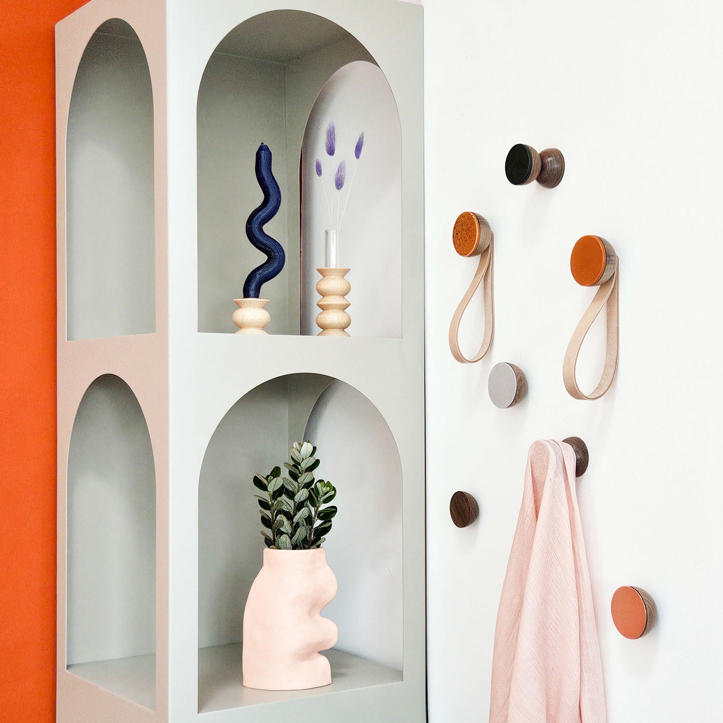 Geometric Walnut Wood & Ceramic Wall Mounted Coat Hook / Knob - Dark Green