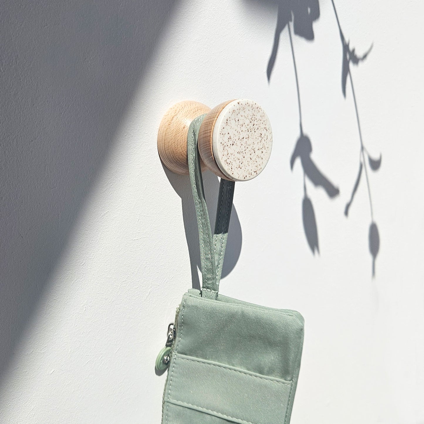 Geometric Beech Wood & Ceramic Wall Mounted Coat Hook / Knob - White Sand