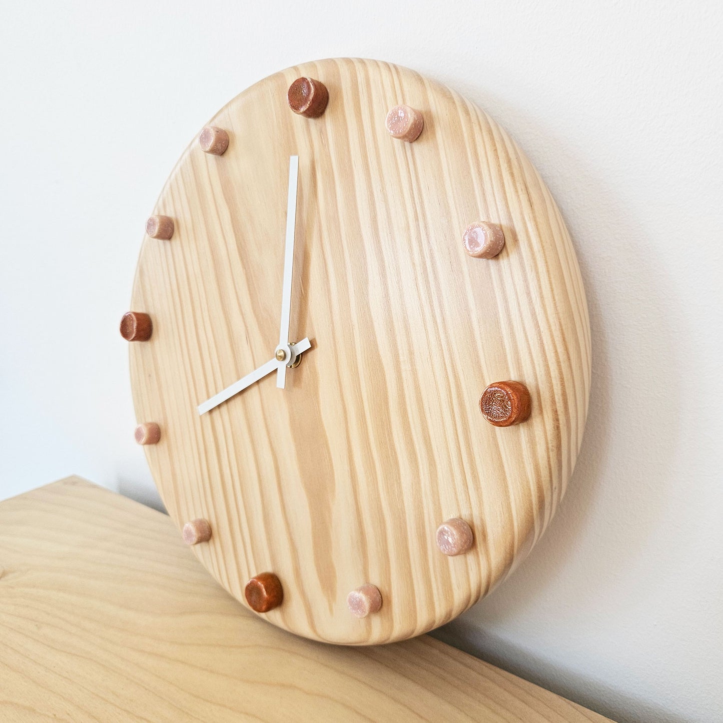 Minimalist Wooden Wall Clock with Handcrafted Ceramics | ⌀29cm - Orange & Salmon Pink