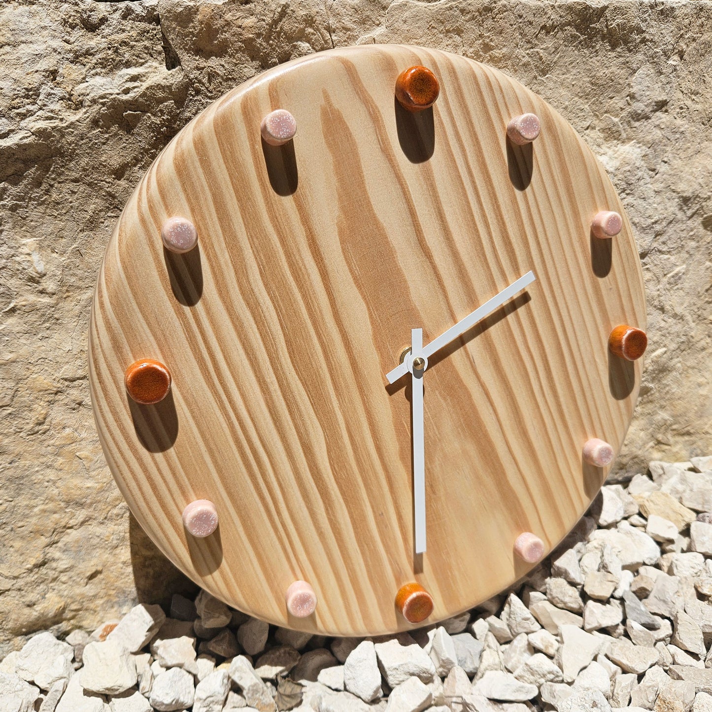 Minimalist Wooden Wall Clock with Handcrafted Ceramics | ⌀29cm - Orange & Salmon Pink