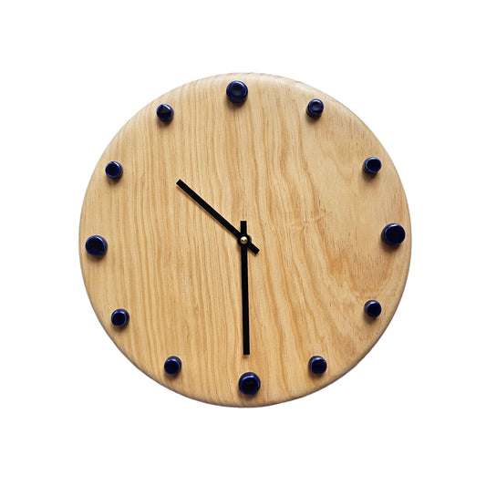 Minimalist Wooden Wall Clock with Handcrafted Ceramics | ⌀29cm - Blue