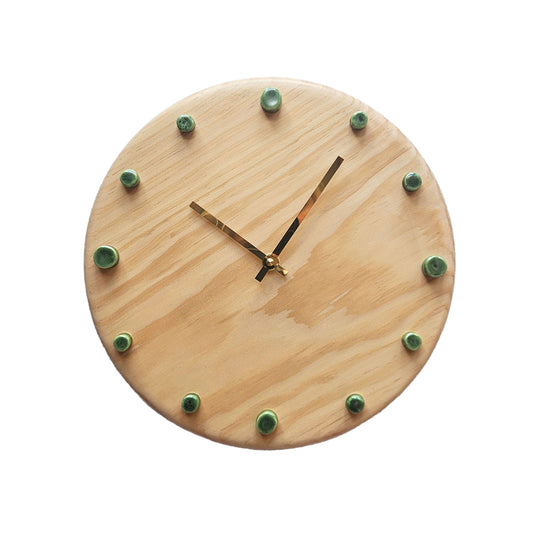 Minimalist Wooden Wall Clock with Handcrafted Ceramics | ⌀29cm - Green