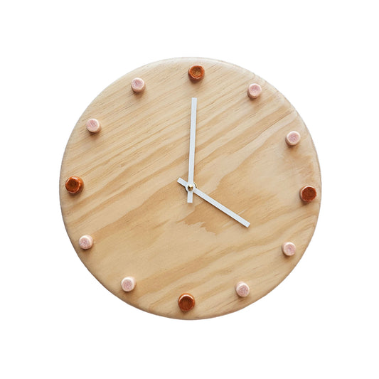 Minimalist Wooden Wall Clock with Handcrafted Ceramics | ⌀29cm - Orange & Salmon Pink