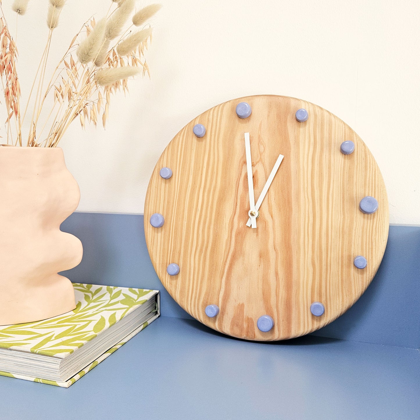Minimalist Wooden Wall Clock with Handcrafted Ceramics | ⌀29cm - Light Blue