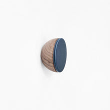 Round Walnut Wood & Ceramic Wall Mounted Coat Hook / Knob - Dark Blue