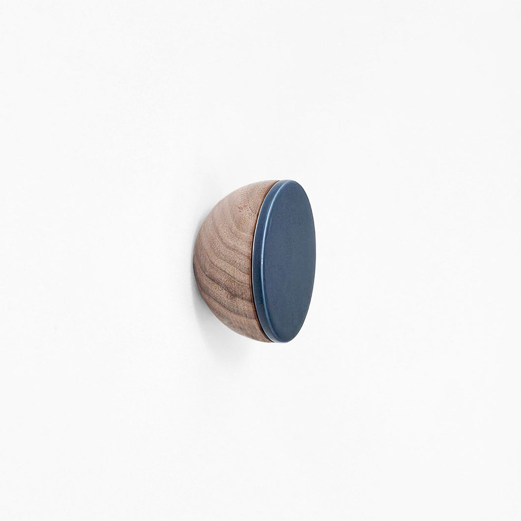 Round Walnut Wood & Ceramic Wall Mounted Coat Hook / Knob - Dark Blue