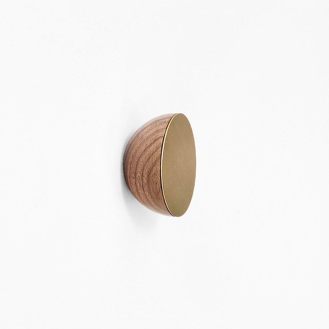 Round Walnut Wood & Brass Wall Mounted Coat Hook / Knob