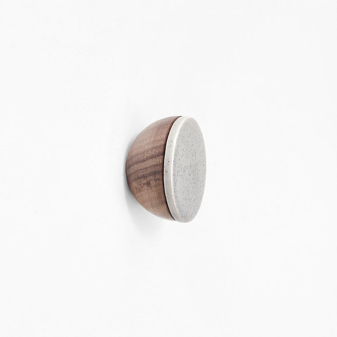 Round Walnut Wood & Ceramic Wall Mounted Coat Hook / Knob - Speckled Grey