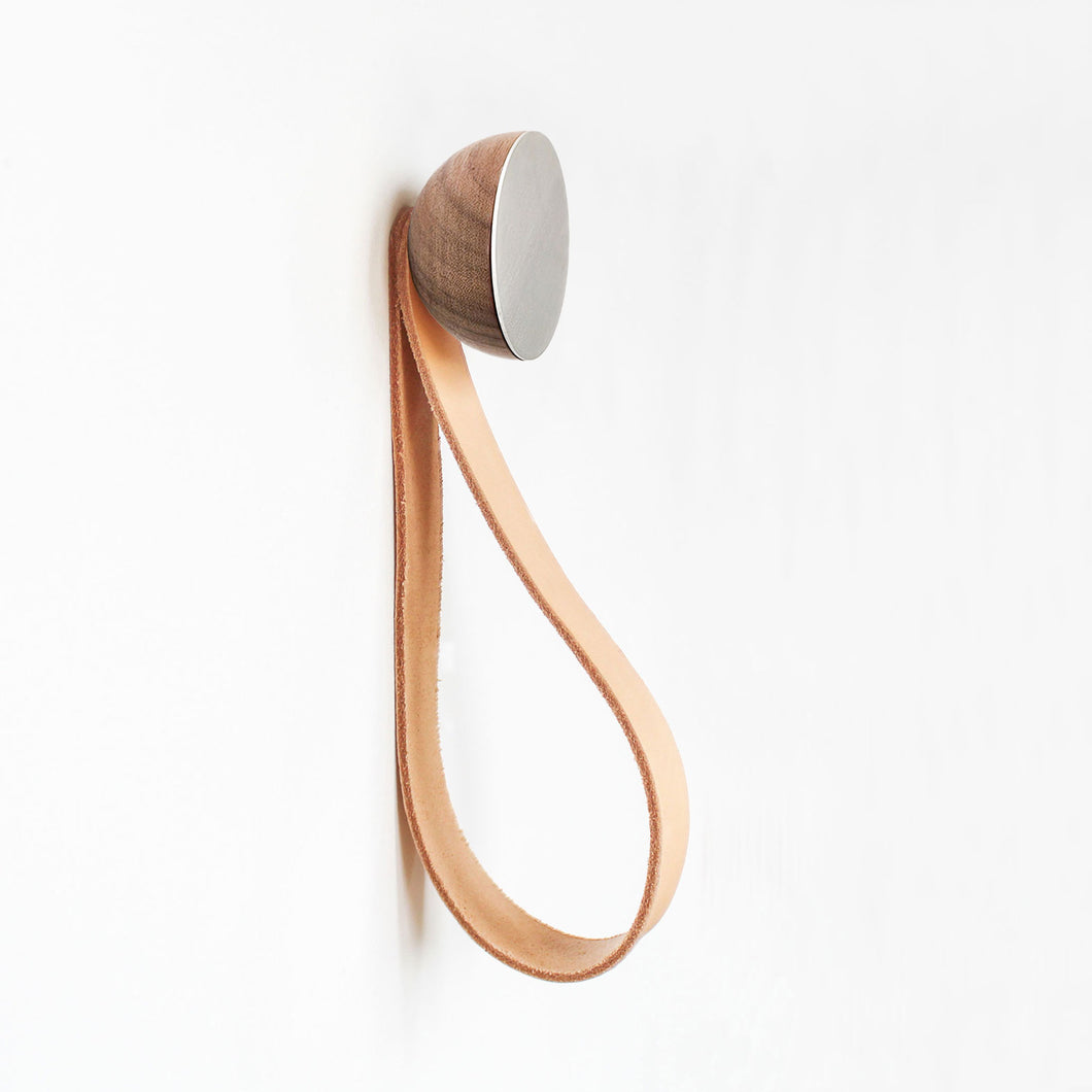 Round Walnut Wood & Aluminium Wall Mounted Hook / Hanger with Leather Strap