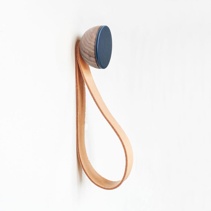 Round Walnut Wood & Ceramic Wall Mounted Coat Hook / Hanger with Leather Strap - Dark Blue