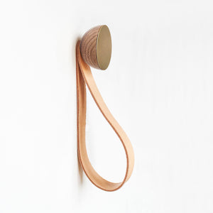 Round Walnut Wood & Brass Wall Mounted Hook / Hanger with Leather Strap