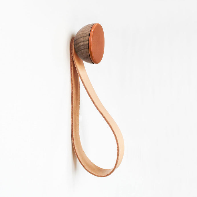 Round Walnut Wood & Ceramic Wall Mounted Coat Hook / Hanger with Leather Strap - Dark Terracotta Orange