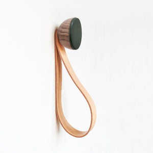 Round Walnut Wood & Ceramic Wall Mounted Coat Hook / Hanger with Leather Strap - Dark Green