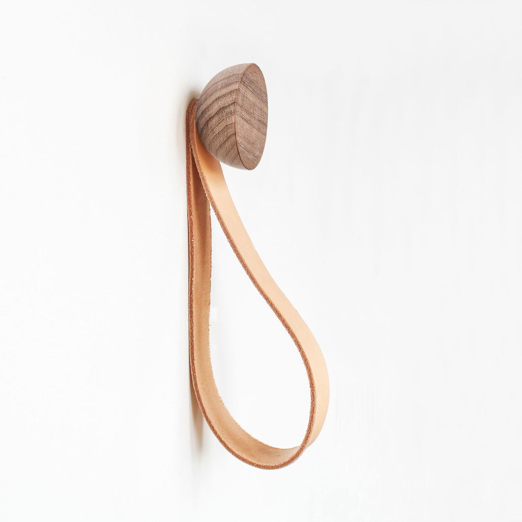 Round Walnut Wood Wall Mounted Coat Hook / Hanger with Leather Strap