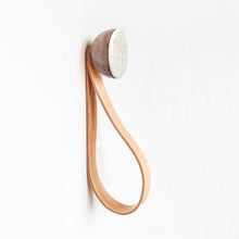 Round Walnut Wood & Ceramic Wall Mounted Coat Hook / Hanger with Leather Strap - Speckled White