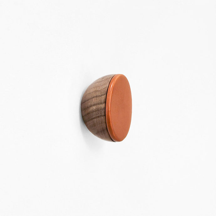 Round Walnut Wood & Ceramic Wall Mounted Coat Hook / Knob - Dark Terracotta Orange