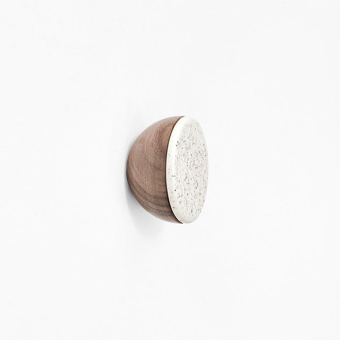 Round Walnut Wood & Ceramic Wall Mounted Coat Hook / Knob - Speckled White