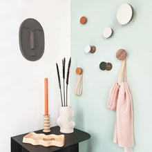 Round Walnut Wood & Ceramic Wall Mounted Coat Hook / Hanger with Leather Strap - Terracotta Orange Specks