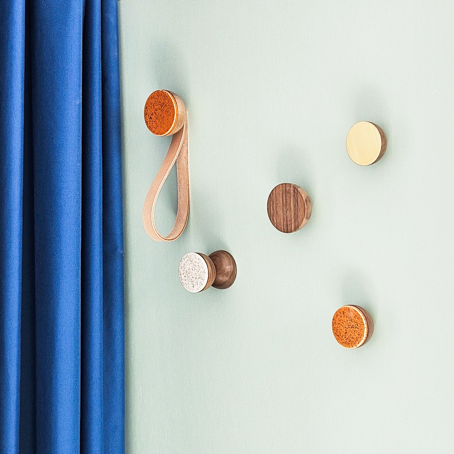 Round Walnut Wood & Ceramic Wall Mounted Coat Hook / Knob - Terracotta Orange Specks