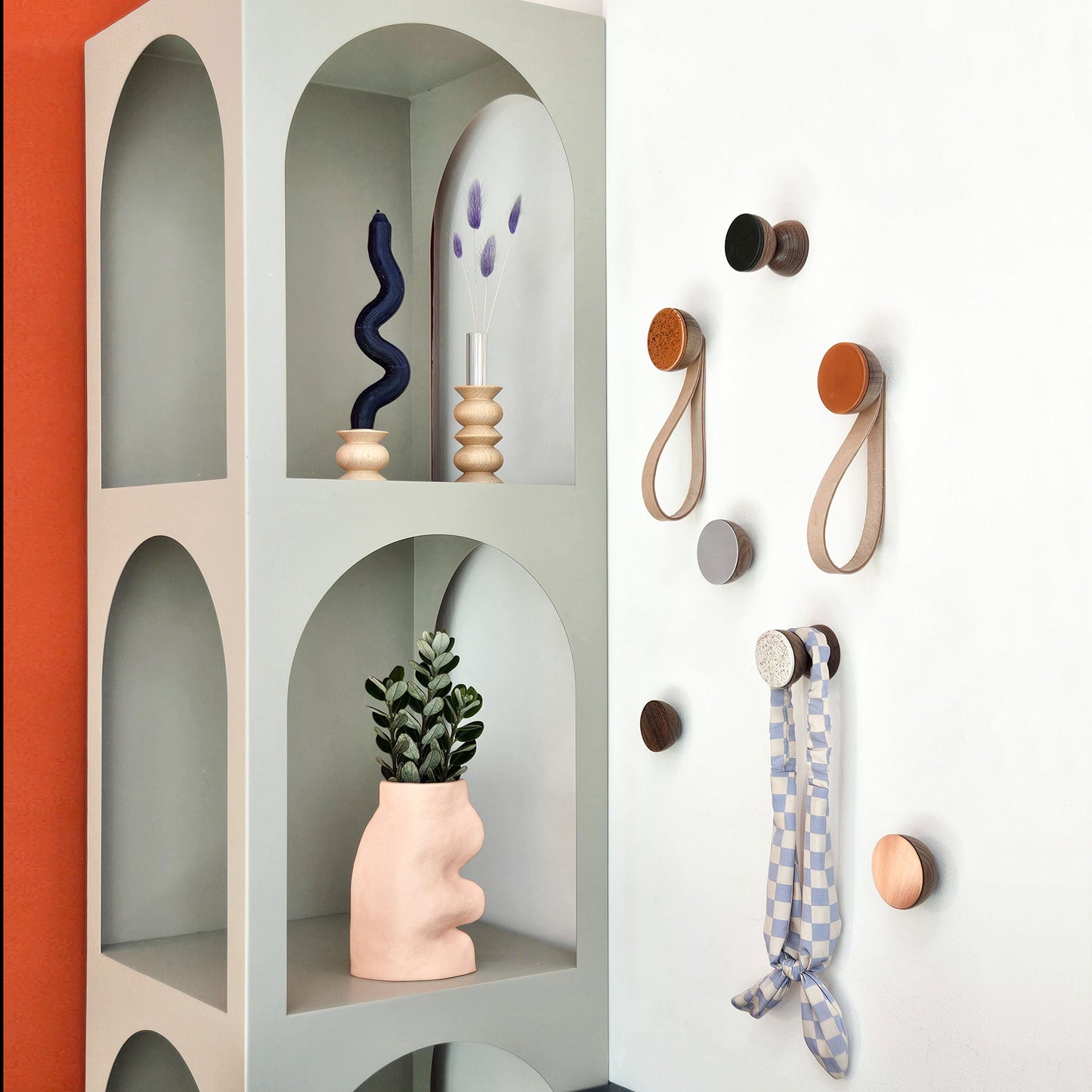 Round Walnut Wood & Ceramic Wall Mounted Coat Hook / Hanger with Leather Strap - Dark Terracotta Orange