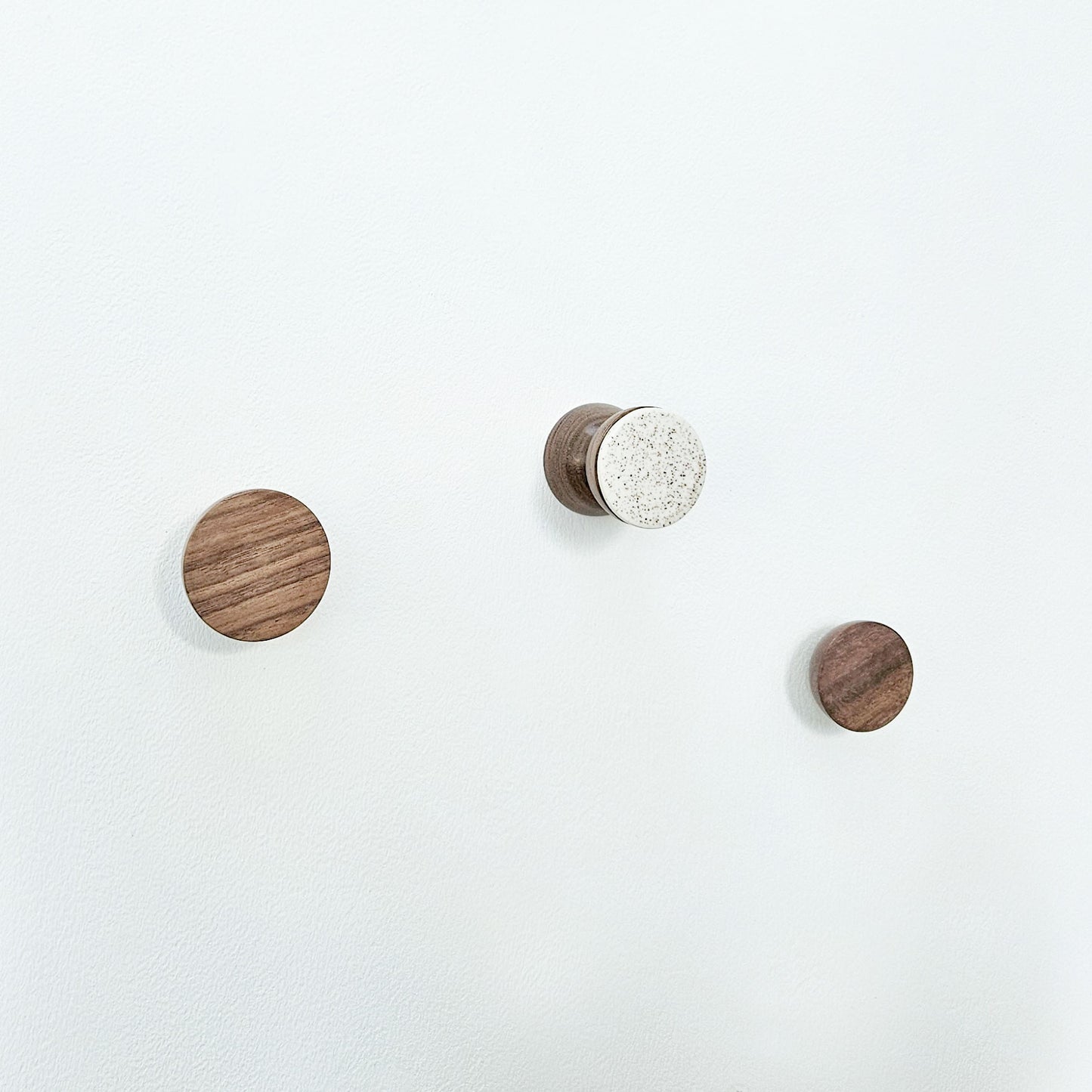 Geometric Walnut Wood & Ceramic Wall Mounted Coat Hook / Knob - Speckled White