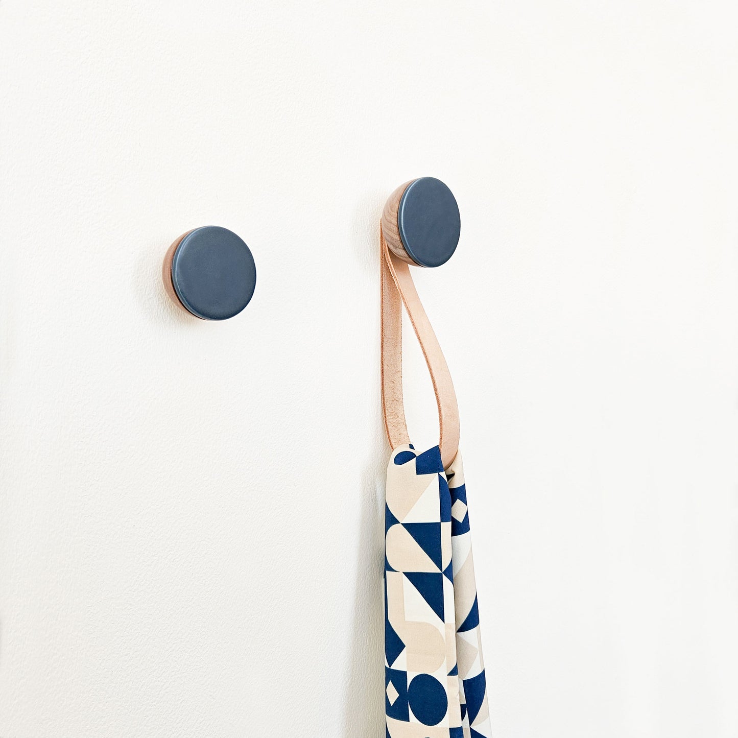 Round Walnut Wood & Ceramic Wall Mounted Coat Hook / Hanger with Leather Strap - Dark Blue