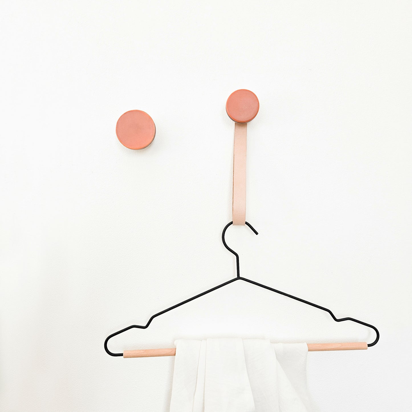 Round Walnut Wood & Ceramic Wall Mounted Coat Hook / Hanger with Leather Strap - Dark Terracotta Orange