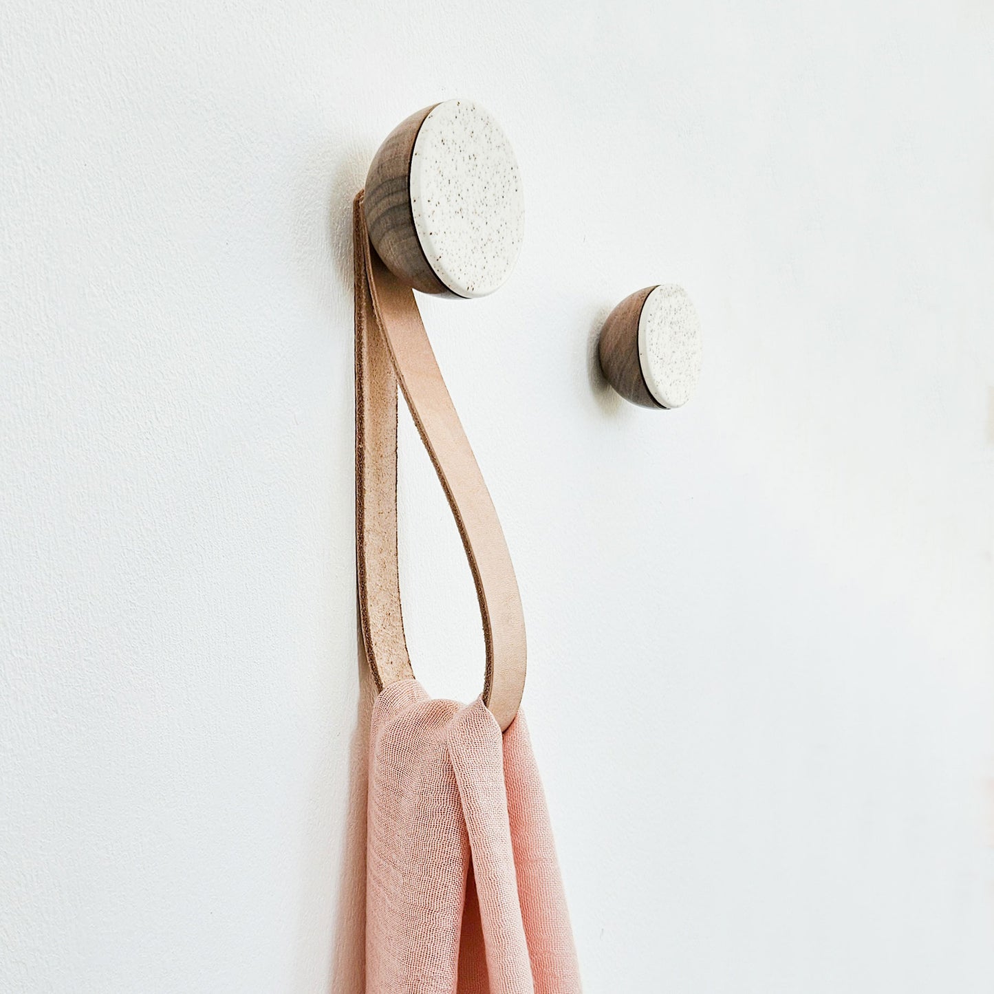 Round Walnut Wood & Ceramic Wall Mounted Coat Hook / Hanger with Leather Strap - Speckled White
