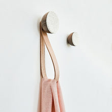 Round Walnut Wood & Ceramic Wall Mounted Coat Hook / Hanger with Leather Strap - Speckled White