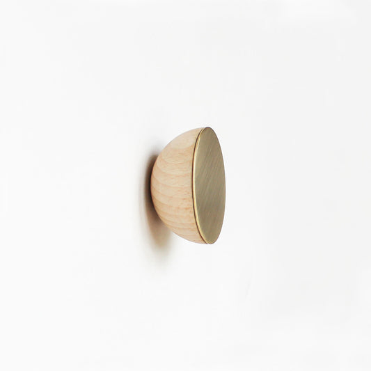 Round Beech Wood & Brass Wall Mounted Coat Hook / Knob