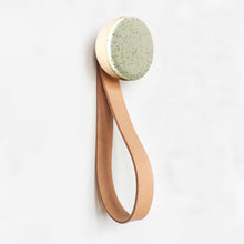 Round Beech Wood & Ceramic Wall Mounted Coat Hook / Hanger with Leather Strap - Green Black Specks