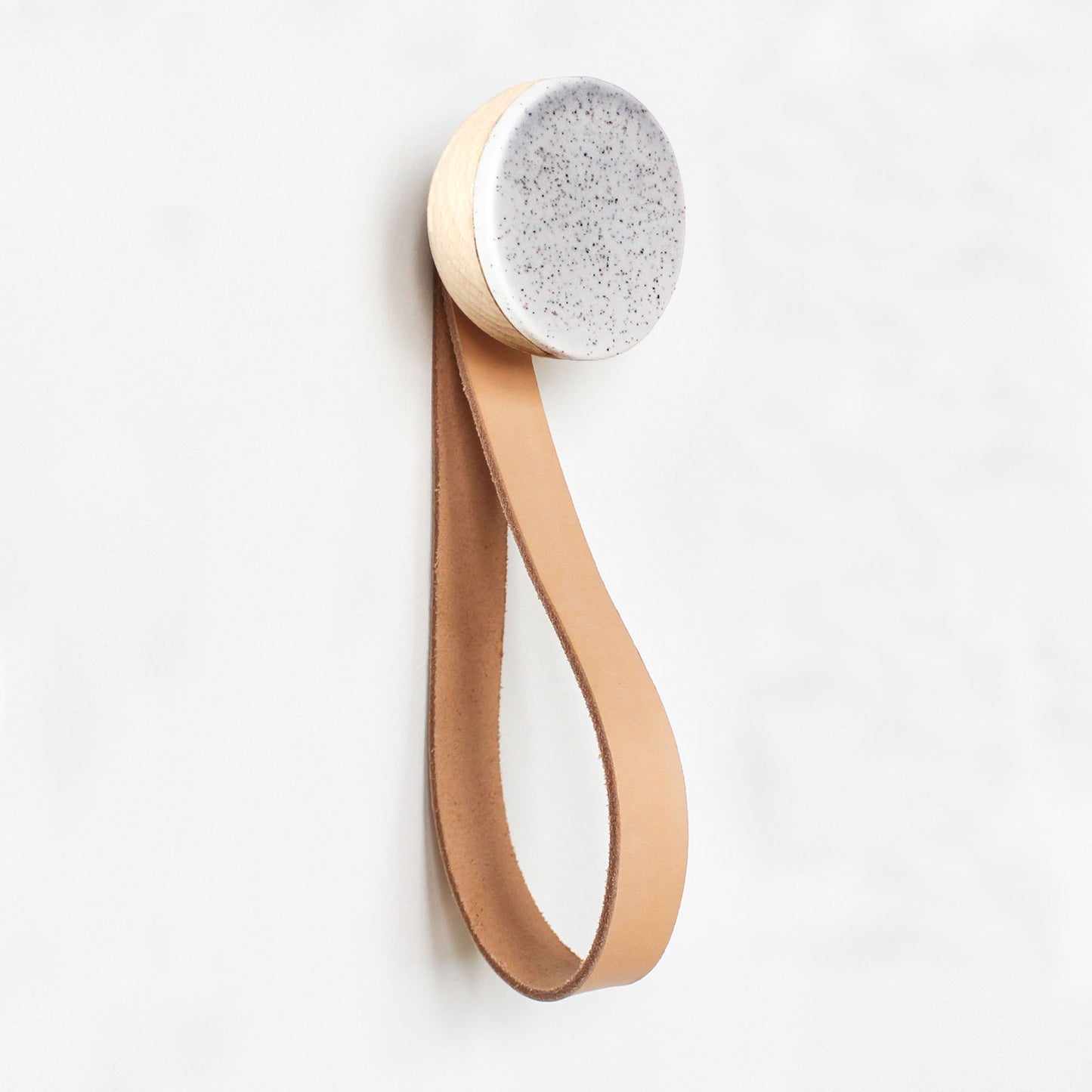 Round Beech Wood & Ceramic Wall Mounted Coat Hook / Hanger with Leather Strap - Grey Sand