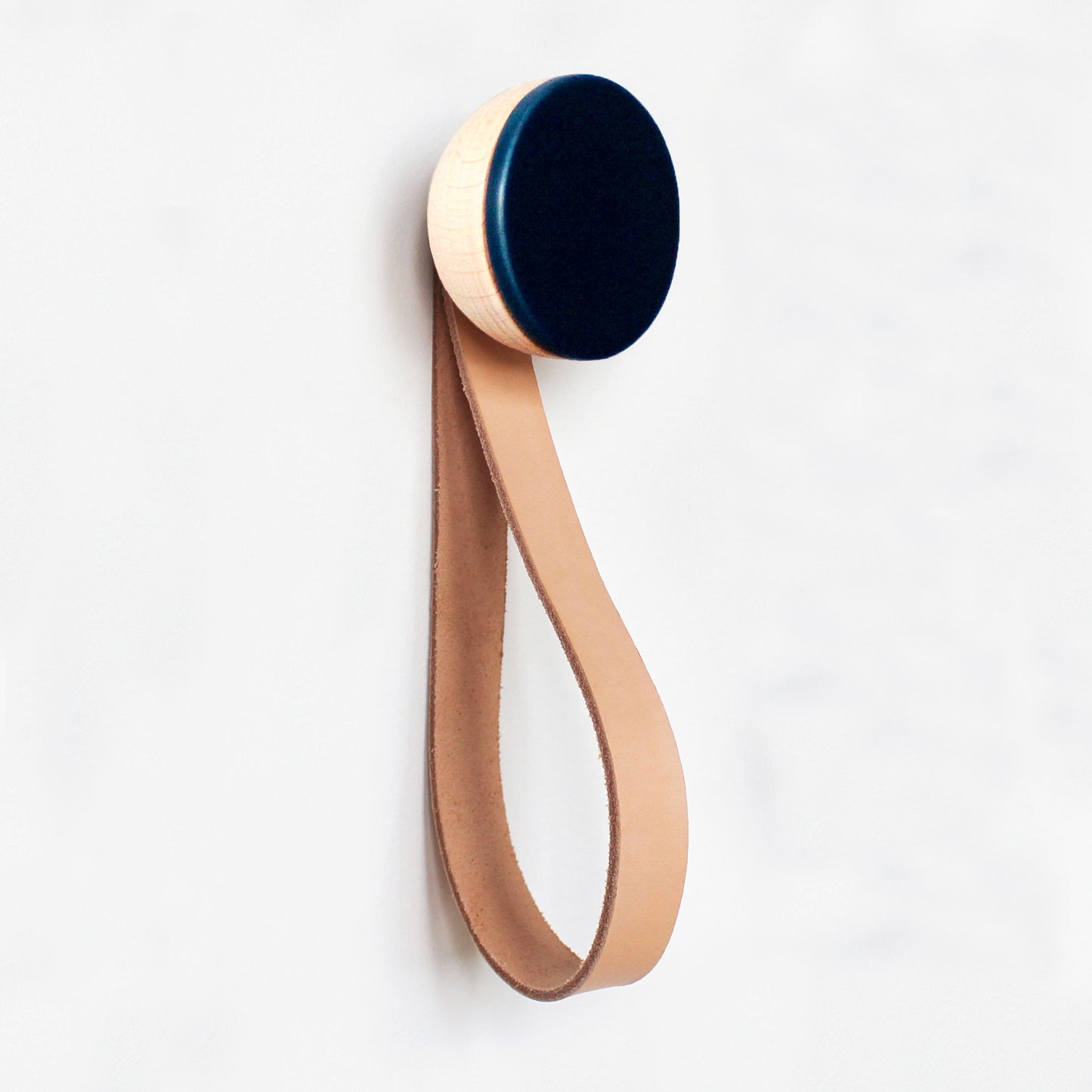 Round Beech Wood & Ceramic Wall Mounted Coat Hook / Hanger with Leather Strap - Dark Blue