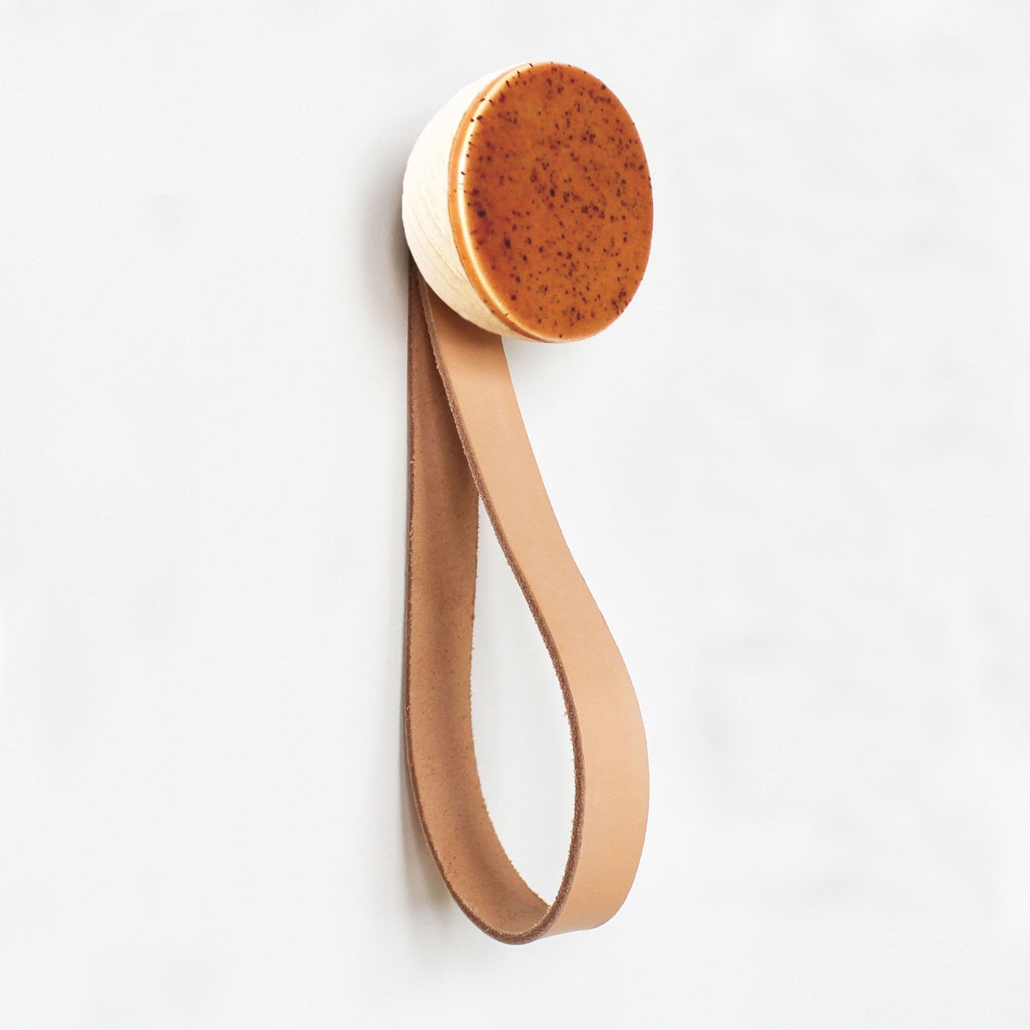 Round Beech Wood & Ceramic Wall Mounted Coat Hook / Hanger with Leather Strap - Terracotta Orange Specks