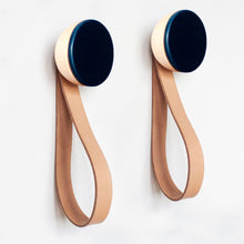 Round Beech Wood & Ceramic Wall Mounted Coat Hook / Hanger with Leather Strap - Dark Blue