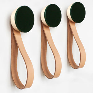 Round Beech Wood & Ceramic Wall Mounted Coat Hook / Hanger with Leather Strap - Dark Green