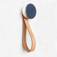 Round Beech Wood & Ceramic Wall Mounted Coat Hook / Hanger with Leather Strap - Blue Black Specks
