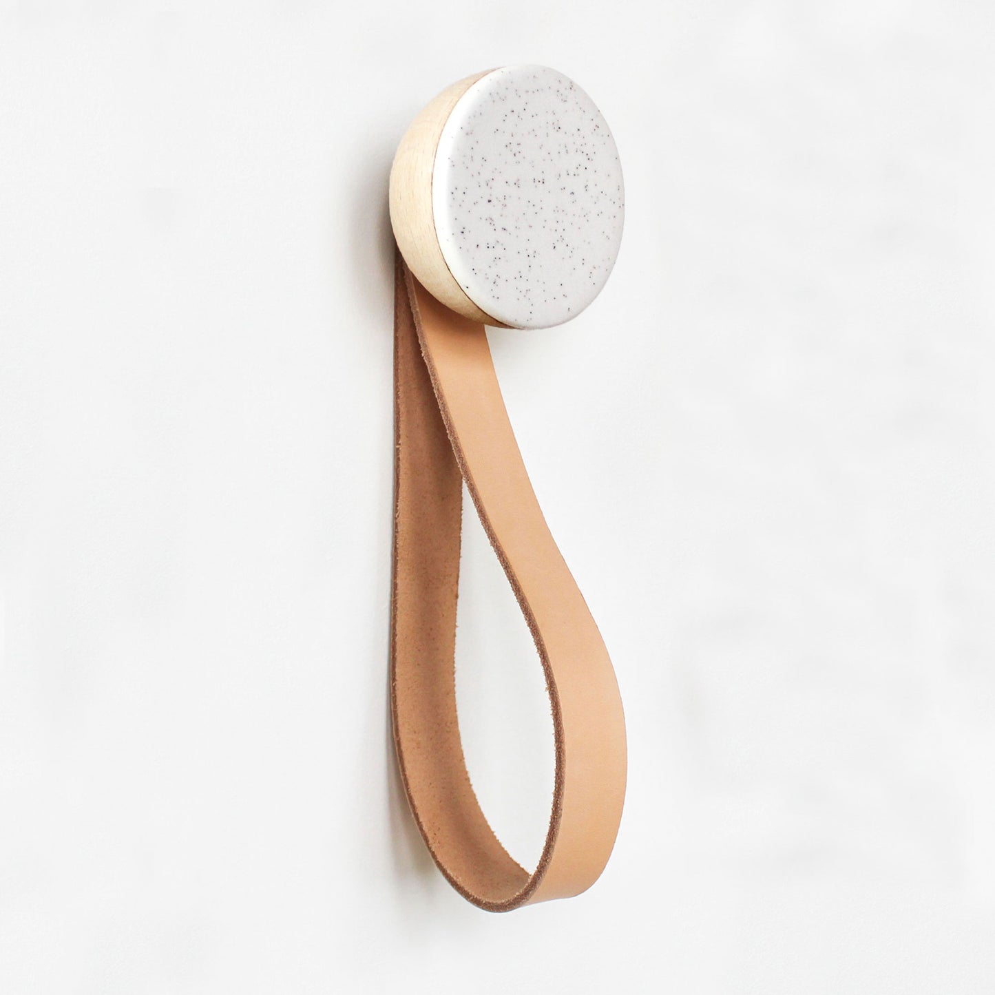 Round Beech Wood & Ceramic Wall Mounted Coat Hook / Hanger with Leather Strap - White Sand