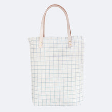 Cotton Canvas Tote Bag with Leather Straps - Ash Blue Grid Lines