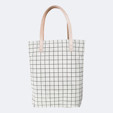 Cotton Canvas Tote Bag with Leather Straps - Black Grid Lines