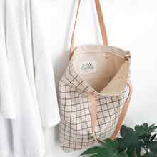Cotton Canvas Tote Bag with Leather Straps - Black Grid Lines