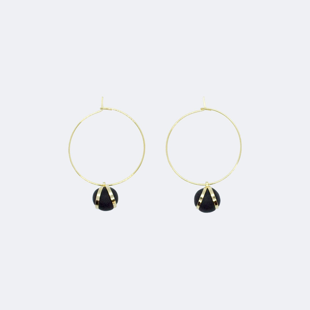 Gold Hoop Earrings - Black Ball Charm Pendant