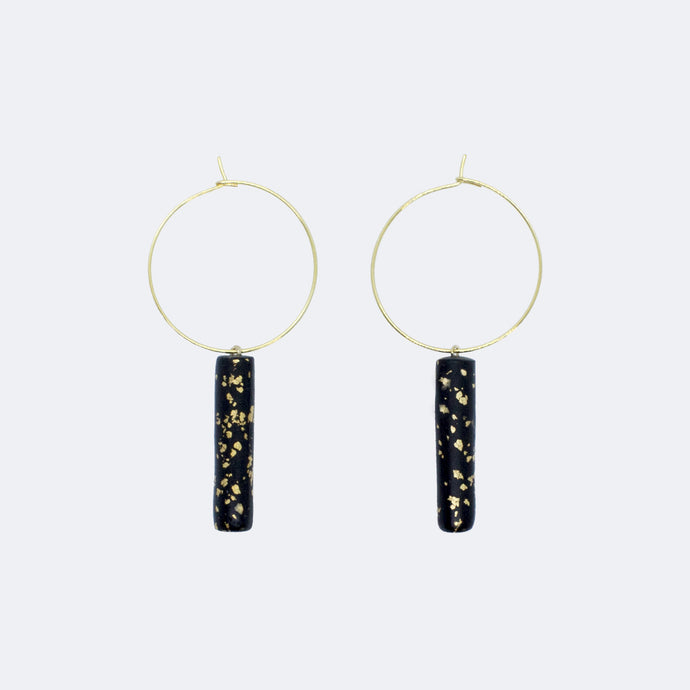 Gold Hoop Earrings - Black & Specks Bar Pendant